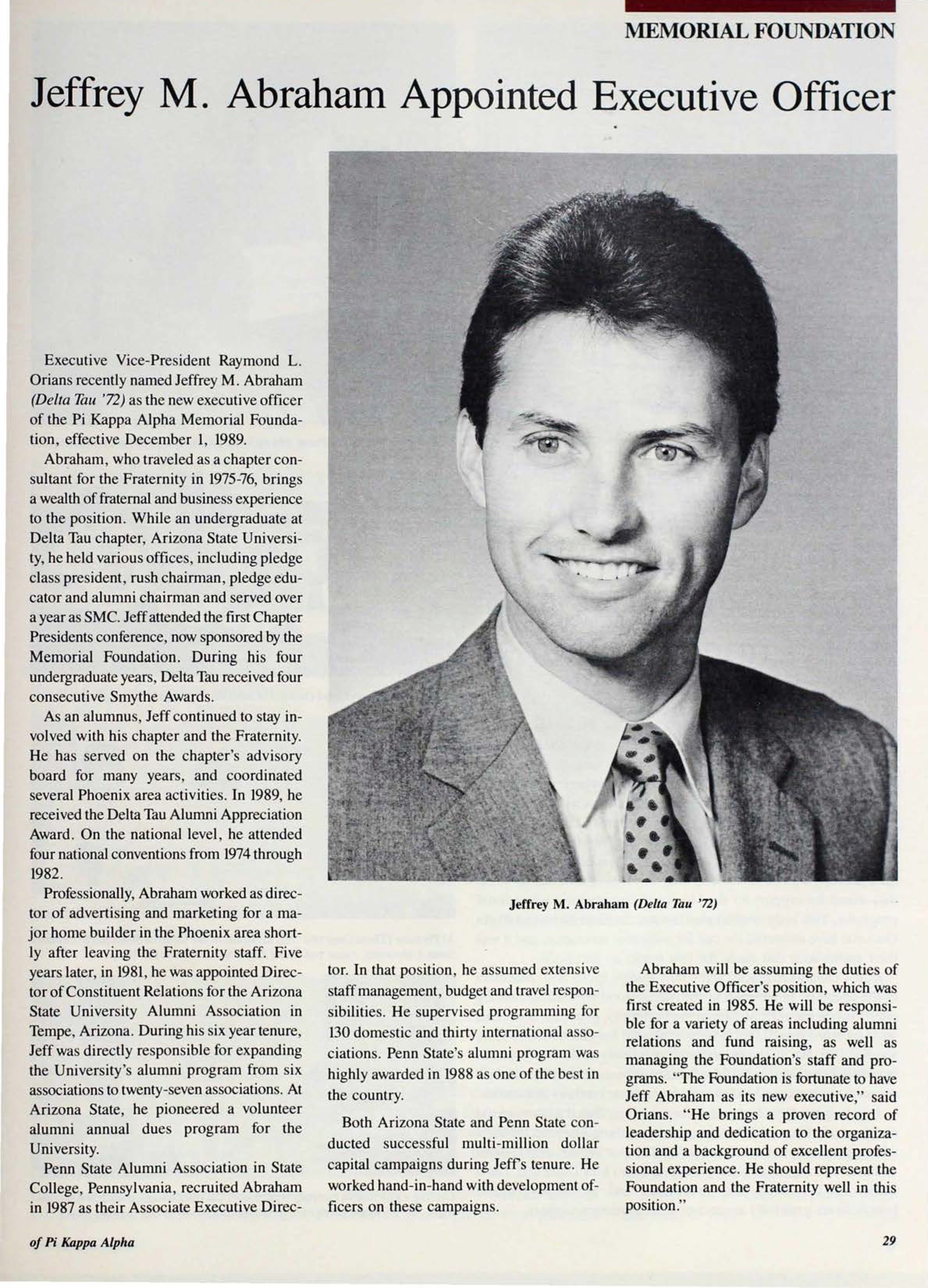 Memorial Foundation: Jeffrey M. Abraham Appointed Executive Officer